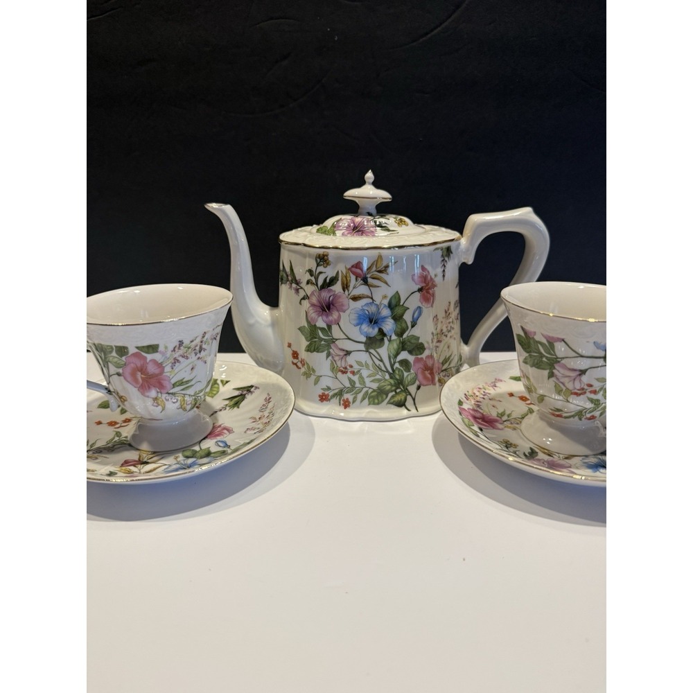 Grace Teaware Floral Tea Set Teapot 2 Cups & Saucers Fine Porcelain
